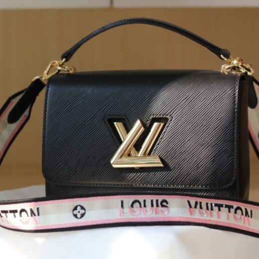 Popular Louis Vuitton Women Twist MM Yellow Gold LV Lock Wide Jacquard Shoulder Strap Female Black Leather Handbag