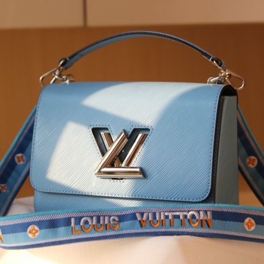 Fashion Louis Vuitton Twist MM Light Blue Epi Leather Silver LV Lock Wide Jacquard Strap Crossbody Bag M57507
