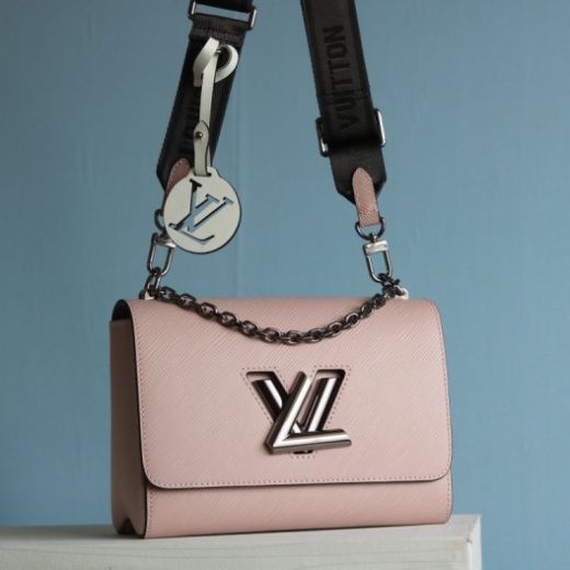 Sweet Louis Vuitton Twist Mini Pink Epi Leather Chain Strap LV Lock Female Wide Jacquard Strap Flap Bag  M56887
