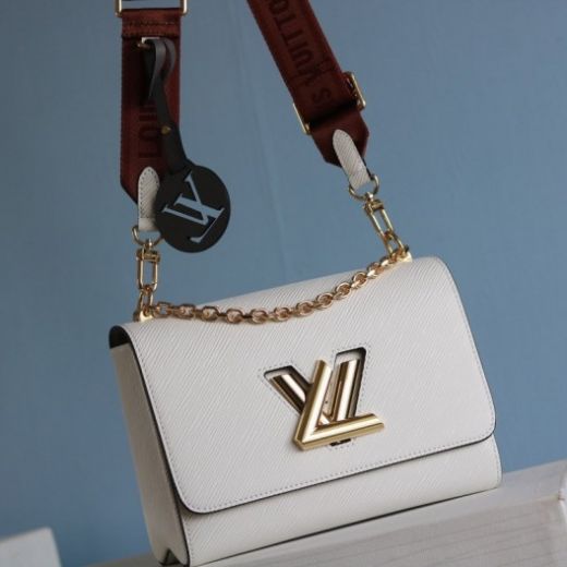 Low Price Louis Vuitton Twist Mini Chain Top Handle Golden LV Lock Brown Jacquard Strap Women White Crossbody Bag