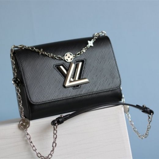 Louis Vuitton Twist PM Women Classic Black Epi Leather LV Turn Lock Silver Monogram Chain Shoulder Strap Flap Handbag 