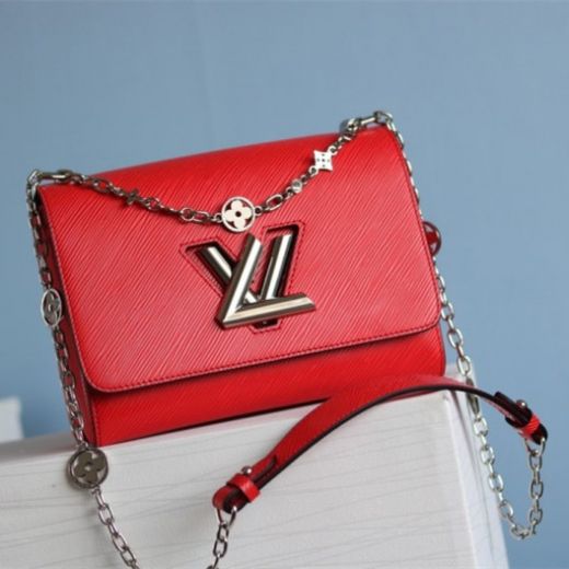 2022 Louis Vuitton Twist PM Classic Red Epi Leather LV Twist-lock Closure Silver Chain Strap Flap Crossbody Bag For Ladies