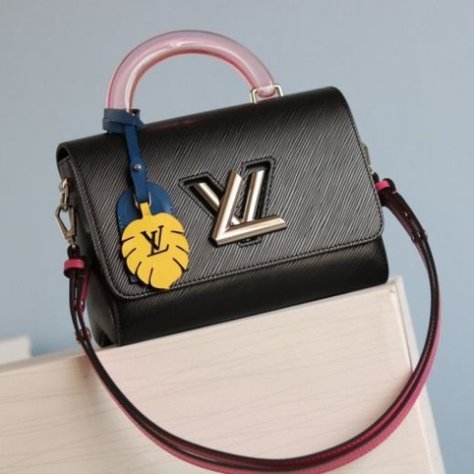Women Luxury Louis Vuitton Twist MM Pink Plexiglass Top Handle Silver LV Shaped Lock Black Epi Leather  Tote Bag M56112