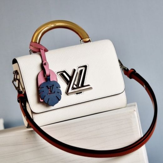 Best Louis Vuitton Twist MM White Epi Leather Colorful Pendant Silver LV Turn Lock Women Tote Bag For Sale M56132