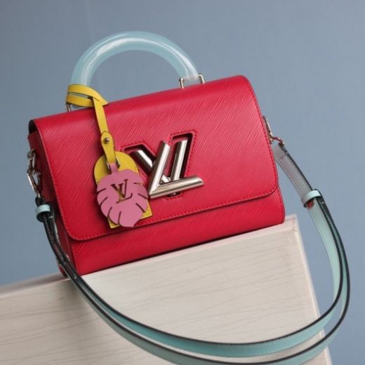 Fashion Louis Vuitton Twist MM Plexiglass Top Handle LV Pendant Women Fuchsia Epi Leather Crossbody Bag M56131