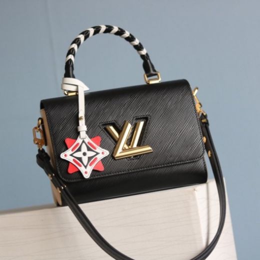  Latest Louis Vuitton Crafty Twist MM Monogram Flower Pendant LV Turn Lock Women Black Epi Leather Tote Bag
