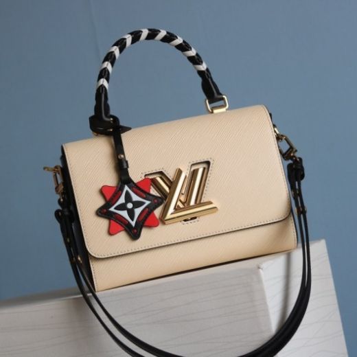Celebrity Same Louis Vuitton Crafty Twist MM Golden LV Lock Monogram Pendant Women Black & Cream Crossbody Bag