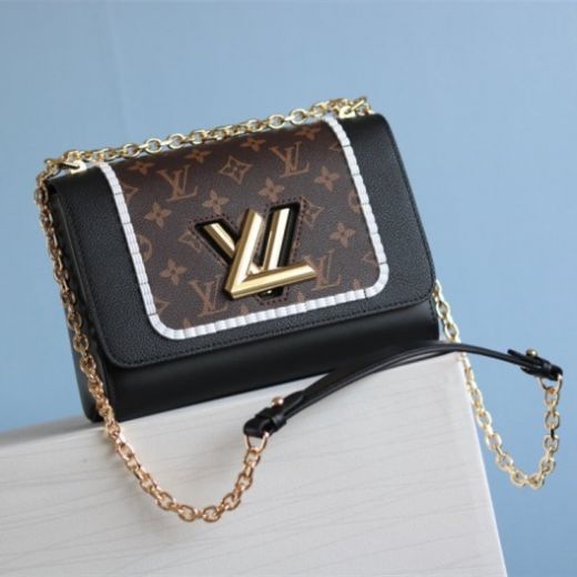 High Quality Louis Vuitton Twist MM Monogram Coated Brown Canvas Golden LV Turn Lock Women Black Leather Chain Bag