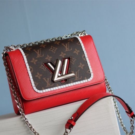 2022 New Louis Vuitton Twist MM Silver-Tone Chain Strap LV Detail Women Red Epi Leather & Monogram Brown Canvas Handbag