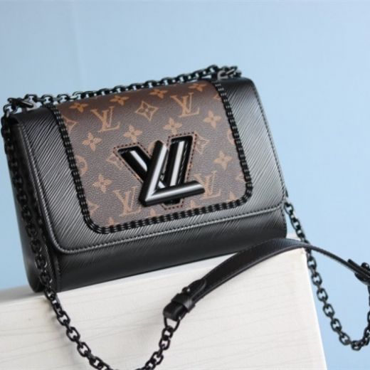 Unique Style Louis Vuitton Twist MM Black LV Lock Stitching Detail Women Epi Leather & Monogram Brown Canvas Crossbody Bag