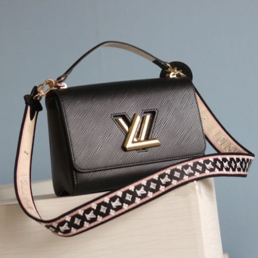 New Louis Vuitton Twist MM Golden LV Twist Lock Embroidered Strap Women Black Epi Leather Crossbody Bag M57050