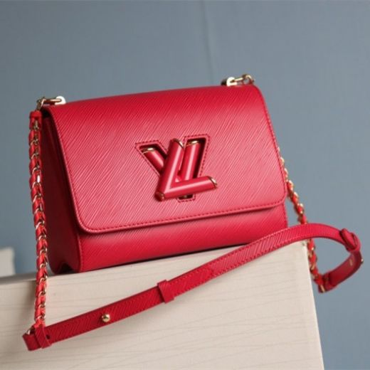 Women's Latest Louis Vuitton Twist PM Yellow Gold Chain Shoulder Strap Red Epi Leather Flap Crossbody Bag