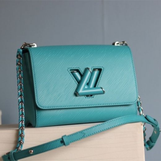 Spring Best Louis Vuitton Twist PM Turquoise Epi Cowhide Leather Silver-tone Chian Shoulder Strap Flap Chain Bag M57538