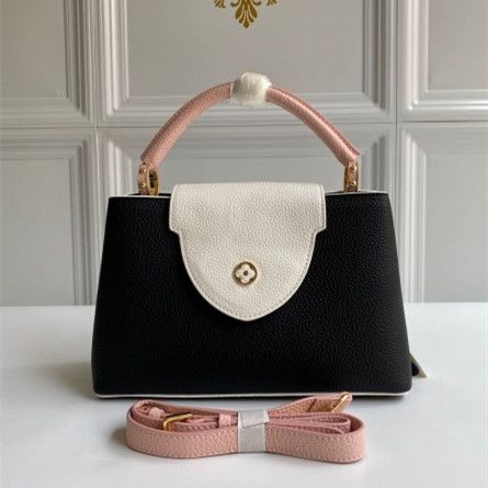 Fashion Louis Vuitton Capucines BB White Flower Flap Golden Monogram Magnetic Women Black Leather Tote Bag 