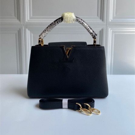 Unique Style Louis Vuitton Female Capucines BB Black Taurillon Leather Single Python Handle Flower Shaped Flap Bag 