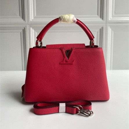 Low Price Louis Vuitton Female Capucines BB Fuchsia Taurillon Leather Silver LV Detail Flower Flap Handbag 
