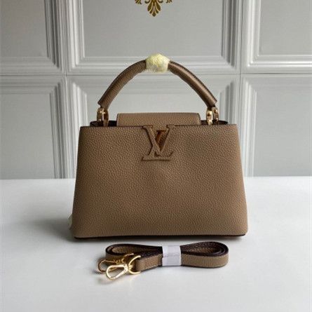 Louis Vuitton High End Capucines BB Khaki Leather Golden LV Initials Single Top Handle Female  Tote Bag