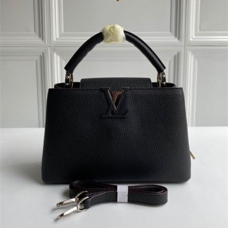 Women's Classic Louis Vuitton Capucines BB Black Litchi Leather Silver Flower Magnetic Flower Flap Women Single Handle Shoulder Bag