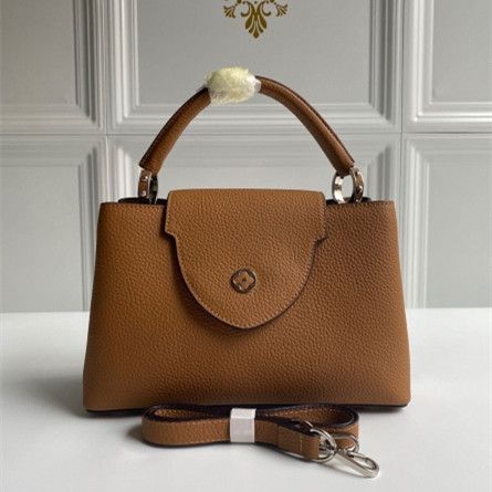 Hot Selling Louis Vuitton Capucines BB Silver-Tone Hardware Single Top Handle Slim Flower Flap Brown Grained Lether Crossbody Bag