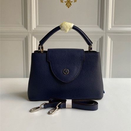 High Quality Louis Vuitton Capucines BB Flower Shaped Flap LV Logo Detail Navy Grained Leather Shoulder Bag For Ladies