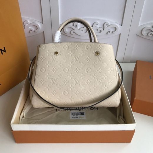 Hot Selling Luis Vuitton Montaigne MM Monogram Embossing Zipper Compartment Women Cream Leather Shoulder Bag