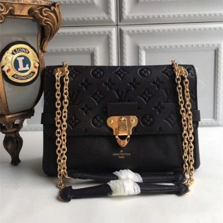 Women's Classic Louis Vuitton Vavin PM Golden S-lock Monogram Embossing Black Leather Chain Crossbody Bag M44151