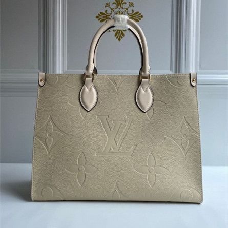 Summer Best Louis Vuitton Onthego MM Beige Leather LV Flower Monogram Embossing Rounded Handles Women Shoulder Bag