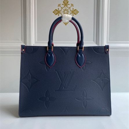 Cheapest Louis Vuitton Onthego MM Embossed Monogram Pattern Navy Grained Leather Women  Shoulder Bag 
