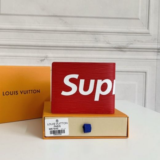 New Louis Vuitton X Supreme White Logo Printing Red Epi Leather Short Wallet  Online