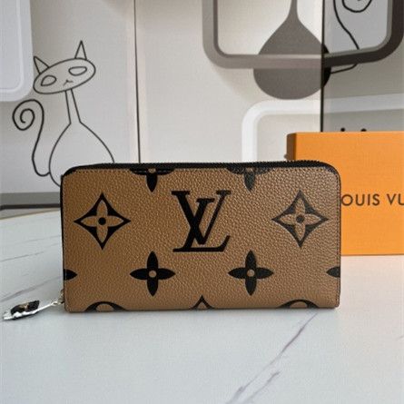 Louis Vuitton High Quality Crafty Black Monogram Printing Brown Grained Leather Female Zippy Wallet 