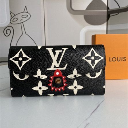 Louis Vuitton Classic  LV Crafty Sarah White Monogram Printing Red Flower Women Black Leather Wallet