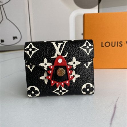 Louis Vuitton Black Grained Leather Red Flower Detail White Monogram Pattern LV Crafty Zoe Flap Wallet 