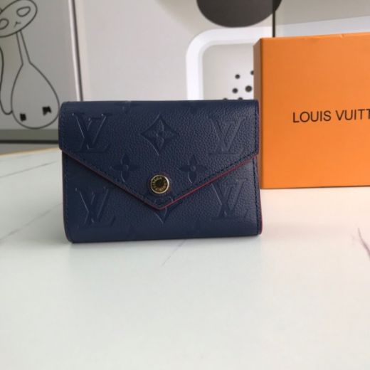 Louis Vuitton Popular Women Victorine Navy Leather Monogram Embossing Flap Closure  Compact Wallet