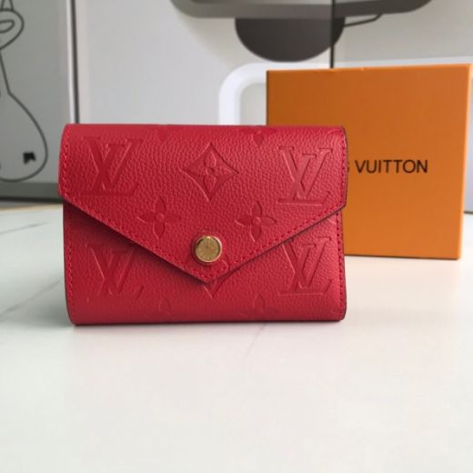High Quality Louis Vuitton Victorine Monogram Embossed Pattern Snap Button Closure Female Red Leather Flap Wallet 