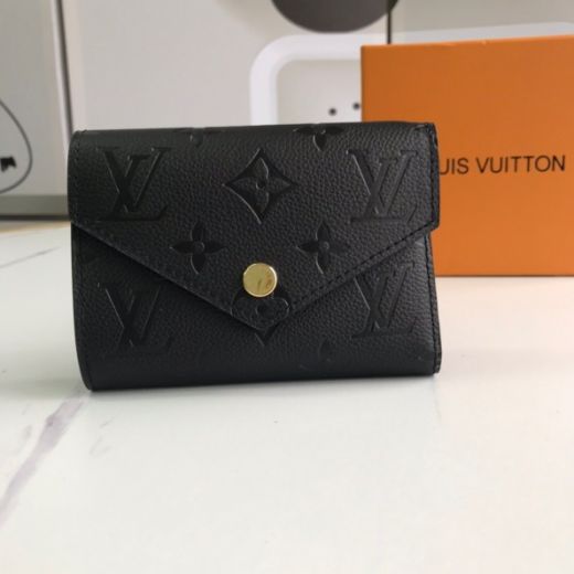 Women's Classic Louis Vuitton Victorine Envelope Flap Monogram Pattern Female Trifold Black Leather Short Wallet