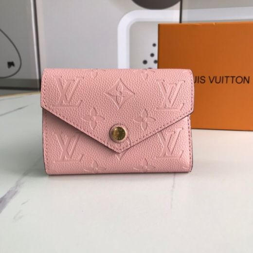 Celebrity Same Louis Vuitton Victorine Monogram Embossed Printing Pink Leather Short Flap Wallet For Girls