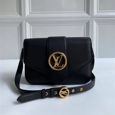 Louis Vuitton LV Pont 9 Golden LV Circle Motif Belt Detail Women Black Smooth Leather Flap Crossbody Bag M55948