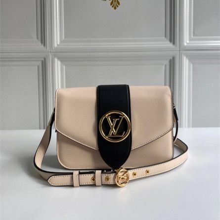 Good Designer Louis Vuitton Bicolor LV Pont 9 Golden Logo Circle Signature Black Belt Female Creme Leather Flap Bag