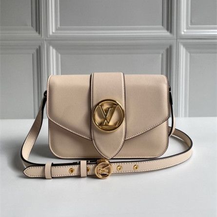 Women Chic Louis Vuitton LV Pont 9 Golden Monogram Magnetic Belt Detail Cream Smooth Leather Flap Handbag  M55950