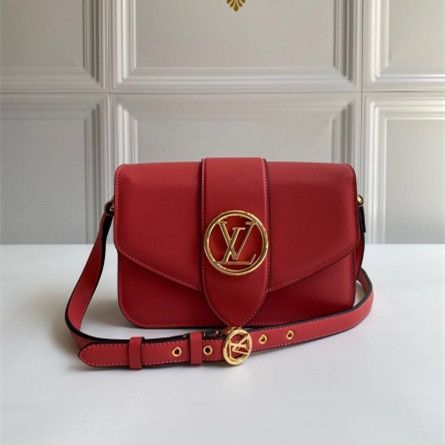 Luxury Louis Vuitton LV Pont 9 Yellow Gold LV Circle Signature Women Red Calfskin Leather Flap Crossbody Bag M55949