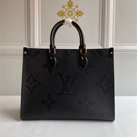 Louis Vuitton Top Sale Onthego GM Women Black Grained Leather Monogram Embossing Large Tote Bag Online 