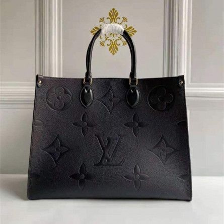 Hot Selling Louis Vuitton Women Onthego MM Black Grained Leather Monogram Embossing Double Handles Shoulder Bag