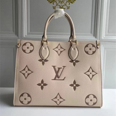 Spring High End Louis Vuitton Onthego MM Large Bois de Rose Pink Monogram Printing Women Cream Leather Tote Bag
