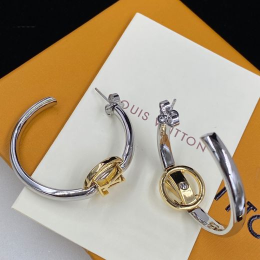 2022 Louis Vuitton My LV Yellow Gold LV Logo Circle Silver Silhouette Morden Two-tone Hoop Earrings For Ladies M00605
