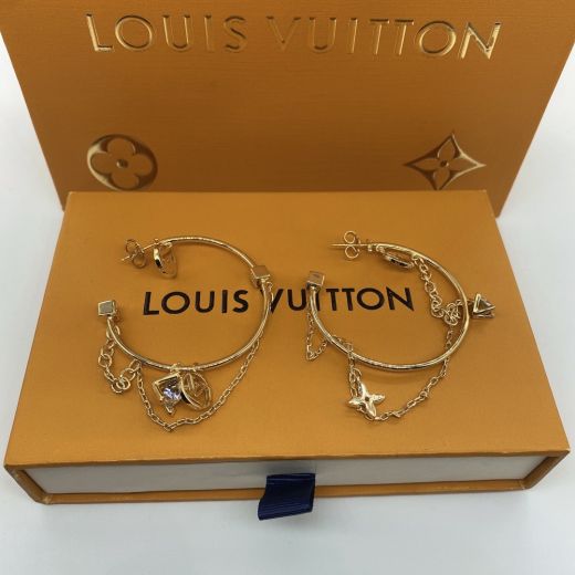  Louis Vuitton Monogram Chain Design Circle LV Flower Lady 2022 New Yellow Gold Hoop Earrings For Sale