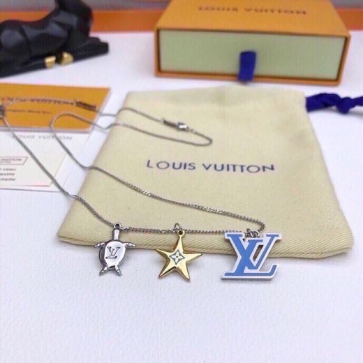 Summer Fashion  Louis Vuitton Aquatics Diamond Gold Starfish Silver Turtle Blue LV Initials Pendants Necklace For Girls M00280