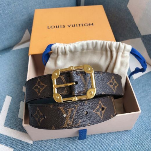 High-End LV Monogram Leather Square Gold Pin Buckle Arrow End Decorated Mini Round Logo -  Louis Vuitton Ladies Belt
