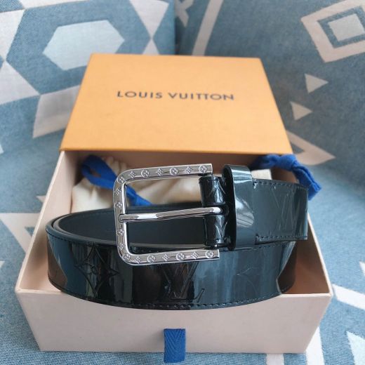 Classic 30MM Black Patent Leather Monogram Printing Square Pin Buckle Pointed End -  Louis Vuitton Ladies Belt