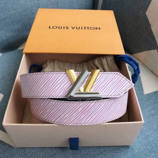 Popular Pink-White Twill PVC Leather Metal LV Logo Pin Buckle Tie Style Ends -  Louis Vuitton Ladies Beltsash