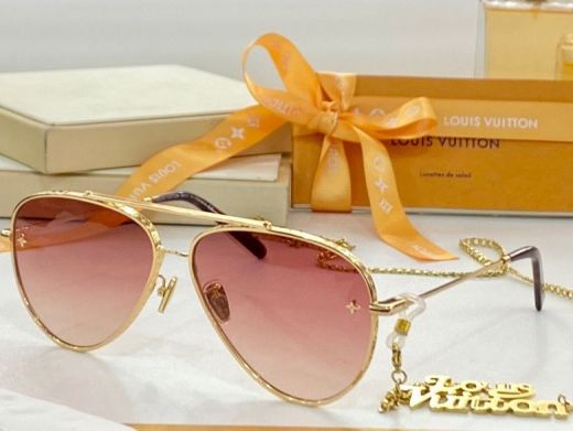 Women's Monogram Engraved Gold Frame Brand Name Chain Pink Gradient Butterfly Lens Two Bridge - Cheapest LV Aviator Sunglasses